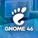 Logo GNOME 46 na tle programisty pracującego przy komputerze.