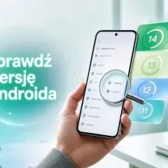 Dłoń trzyma smartfon z listą ustawień, powiększoną lupą. Obok widoczne są kolejne wersje Androida: 11, 12, 13 i 14.