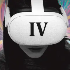 Osoba w goglach VR z rzymską cyfrą IV na froncie, otoczona psychodelicznym tłem. To jej czwarty quest.