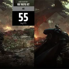 Porównanie wydajności w Space Marine 2: RX 9070 XT bez AMD FSR 4 (55 FPS) vs z AMD FSR 4 (191 FPS).