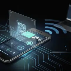 Telefon z kamerą skanuje kod QR, łącząc się bezprzewodowo z laptopem.