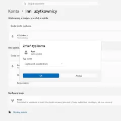 Zmiana administratora Windows 11: okno "Zmień typ konta" dla użytkownika Root, z opcją zmiany na "Użytkownik standardowy".