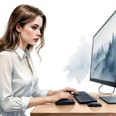 Kobieta pracuje przy komputerze, zastanawiając się nad wyborem: linux czy windows.