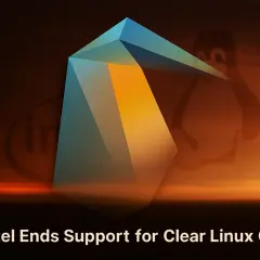 Grafika z logo Intel i pingwinem Tux, symbolizującymi zakończenie wsparcia dla Clear Linux OS.