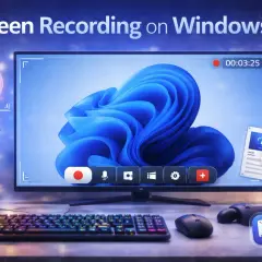Nagrywanie ekranu Windows 11: monitor z niebieskim motywem, mikrofon, klawiatura, myszka i kontroler. Ikony sugerują funkcje nagrywania.