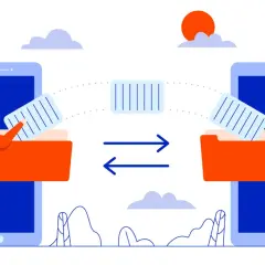 Ilustracja pokazuje, jak przenieść dane z telefonu na telefon. Kobieta przenosi pliki między dwoma smartfonami za pomocą folderów i strzałek.