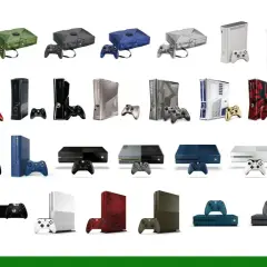 Kolekcja konsol Xbox: od pierwszego modelu po najnowsze, prezentująca ewolucję designu i kontrolerów.