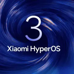 Trójka i logo Xiaomi HyperOS na tle wirującego, niebieskiego wzoru.