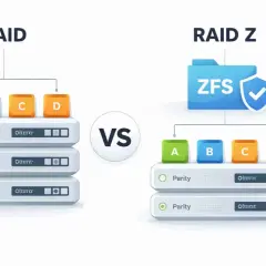 Porównanie RAID i RAID Z. Po lewej RAID z dyskami A, B, C, D i parzystością. Po prawej RAID Z z ZFS, dyskami A, B, C, D i parzystością.