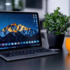 Laptop z górskim krajobrazem na ekranie, obok kubek parującej kawy i rośliny. Idealne miejsce do nagrywania ekranu skrót.