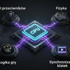 Centralny procesor (CPU) zasila cztery obszary: AI przeciwników, Fizykę, Logikę gry i Synchronizację klatek. Porównaj procesory, by zrozumieć ich moc.