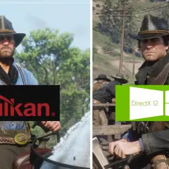 Dwa ujęcia z gry, porównujące Vulkan i DirectX 12. Na lewo logo Vulkan, na prawo logo DirectX 12.
