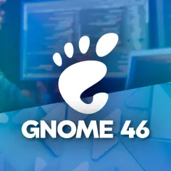 Logo GNOME 46 na tle programisty pracującego przy komputerze.