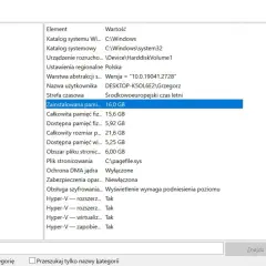 Jak sprawdzić RAM w komputerze? Na ekranie widać okno "Informacje o systemie", gdzie podano, że zainstalowana pamięć RAM wynosi 16,0 GB.