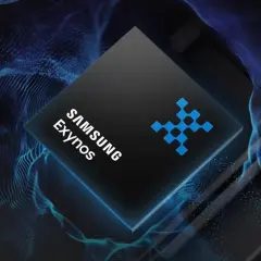 Nowy procesor Samsung Exynos 2400, symbolizujący przyszłość technologii mobilnych, otoczony niebieskimi falami danych.