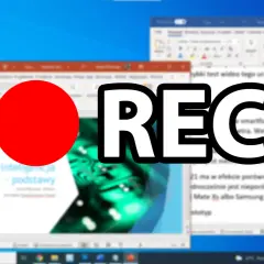 Jak nagrać ekran na komputerze? Widok pulpitu z otwartymi oknami programów i dużym napisem "REC" sugeruje nagrywanie.