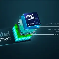 Warstwowa struktura procesora Intel Core Ultra z logo Intel vPro, podkreślająca AI, bezpieczeństwo, zarządzanie, wydajność, zrównoważony rozwój i stabilność.