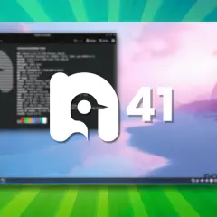 Logo Nobara OS 41 na tle zachodu słońca nad plażą. Widoczny terminal z informacjami o systemie.