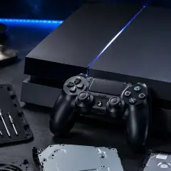 Konsola PS4 z kontrolerem i narzędziami do naprawy. Zastanawiasz się, ile lat ma PS4?