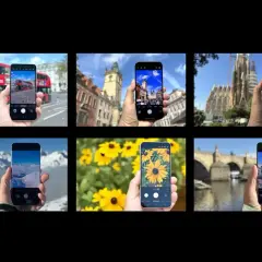 Sześć zdjęć pokazujących, który telefon ma najlepszy aparat: Londyn, Praga, Barcelona, góry, słoneczniki, most.