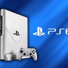 Biała konsola PlayStation 6 z kontrolerem na niebieskim tle.