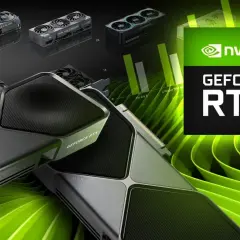 Karty graficzne RTX 5000 series: RTX 5070 i RTX 5090, obok mniejszych modeli i logo NVIDIA.