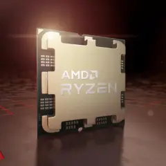 Złoty procesor AMD Ryzen 8700G z logo AMD Ryzen na tle futurystycznej, czerwonej siatki.