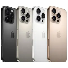 Cztery telefony iPhone 14 Pro w kolorach: grafitowym, srebrnym, białym i złotym, prezentujące potrójny system aparatów.