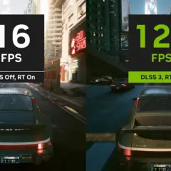 Porównanie gry z path tracing: 16 FPS bez DLSS vs 127 FPS z DLSS 3. Widok zza zielonego Porsche w neonowym mieście.
