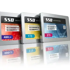 Różne rodzaje dysków twardych SSD: 480GB, 1TB i 2TB, prezentowane w nowoczesnym designie.