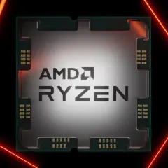 Procesor AMD Ryzen z technologią zen 5, otoczony neonowymi liniami.