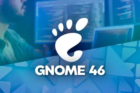 Logo GNOME 46 na tle programisty pracującego przy komputerze.