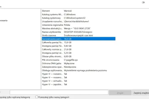 Jak sprawdzić RAM w komputerze? Na ekranie widać okno "Informacje o systemie", gdzie podano, że zainstalowana pamięć RAM wynosi 16,0 GB.