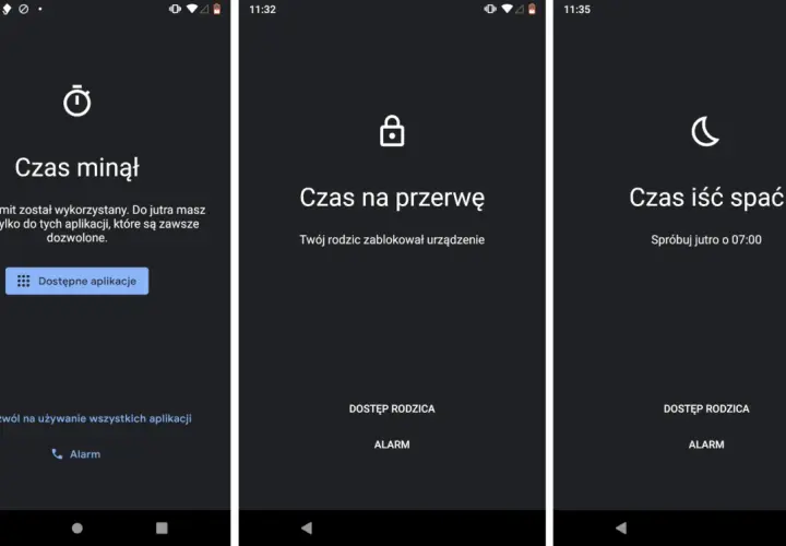 Family Link nie blokuje telefonu dziecka, ale zarządza czasem. Ekran pokazuje limity: "Czas minął", "Czas na przerwę" i "Czas iść spać".