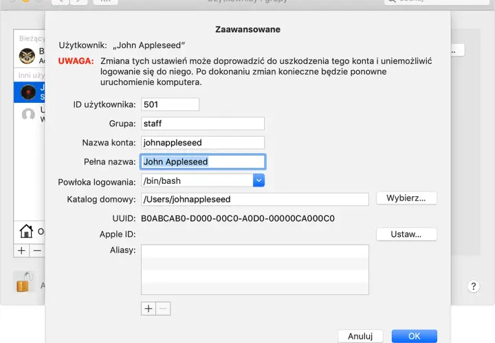 Okno "Zaawansowane" z informacjami o użytkowniku "John Appleseed". Pokazuje, jak sprawdzić nazwę komputera, ID, grupę i inne szczegóły konta.