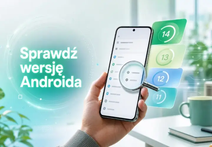Dłoń trzyma smartfon z listą ustawień, powiększoną lupą. Obok widoczne są kolejne wersje Androida: 11, 12, 13 i 14.
