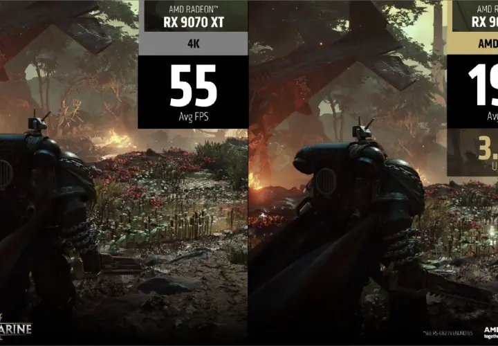 Porównanie wydajności w Space Marine 2: RX 9070 XT bez AMD FSR 4 (55 FPS) vs z AMD FSR 4 (191 FPS).