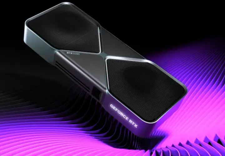 Nowe karty graficzne RTX 5090 GeForce RTX prezentują się futurystycznie na tle fioletowych fal.