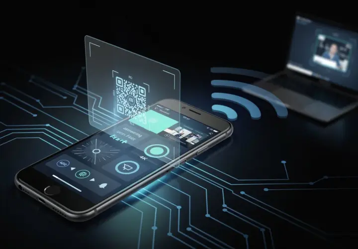 Telefon z kamerą skanuje kod QR, łącząc się bezprzewodowo z laptopem.