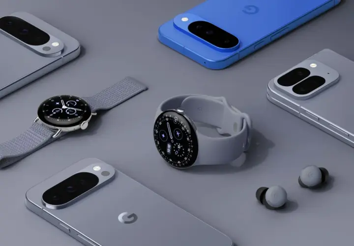 Zestaw urządzeń Google: telefony, smartwatch i słuchawki, napędzane przez potężny procesor Google Tensor.