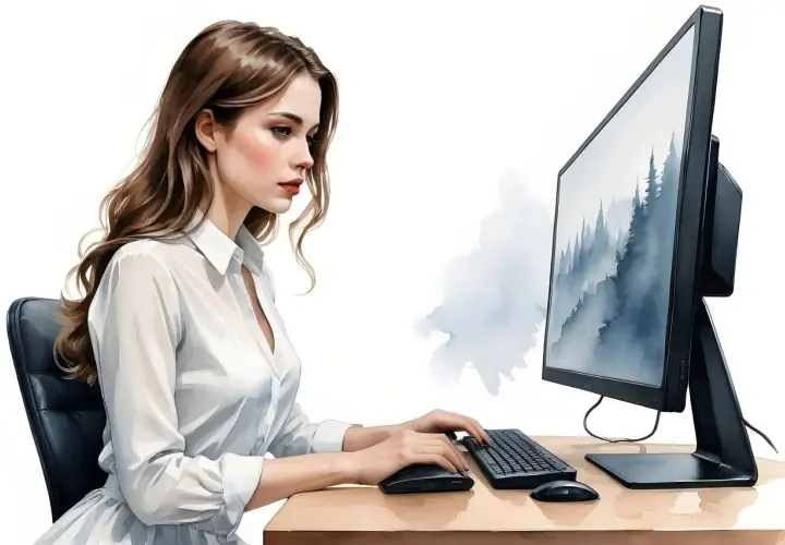 Kobieta pracuje przy komputerze, zastanawiając się nad wyborem: linux czy windows.