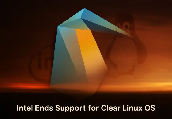 Grafika z logo Intel i pingwinem Tux, symbolizującymi zakończenie wsparcia dla Clear Linux OS.