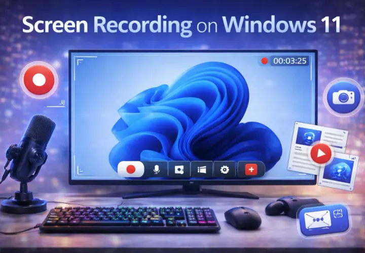 Nagrywanie ekranu Windows 11: monitor z niebieskim motywem, mikrofon, klawiatura, myszka i kontroler. Ikony sugerują funkcje nagrywania.