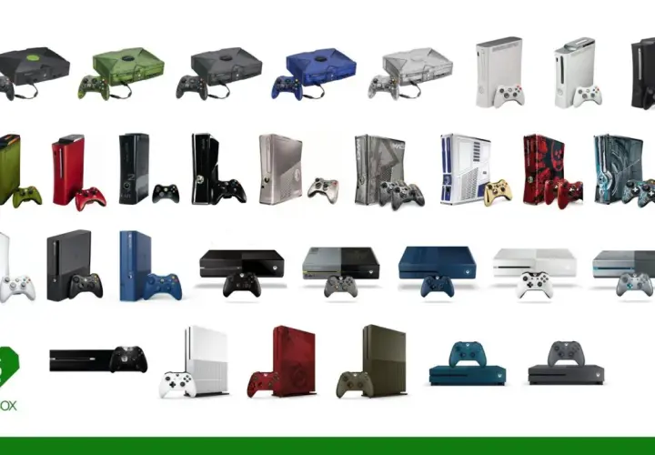 Kolekcja konsol Xbox: od pierwszego modelu po najnowsze, prezentująca ewolucję designu i kontrolerów.