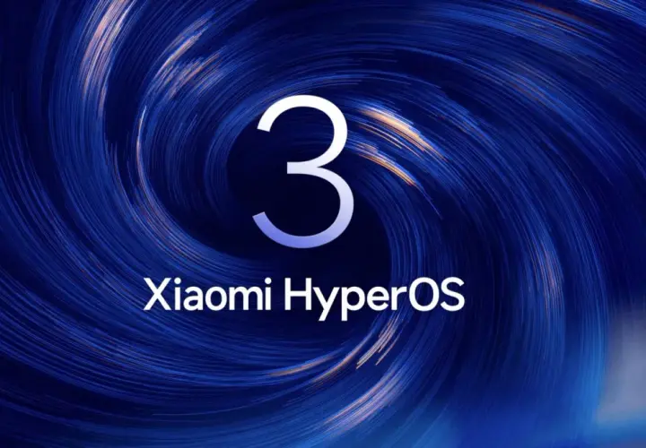 Trójka i logo Xiaomi HyperOS na tle wirującego, niebieskiego wzoru.
