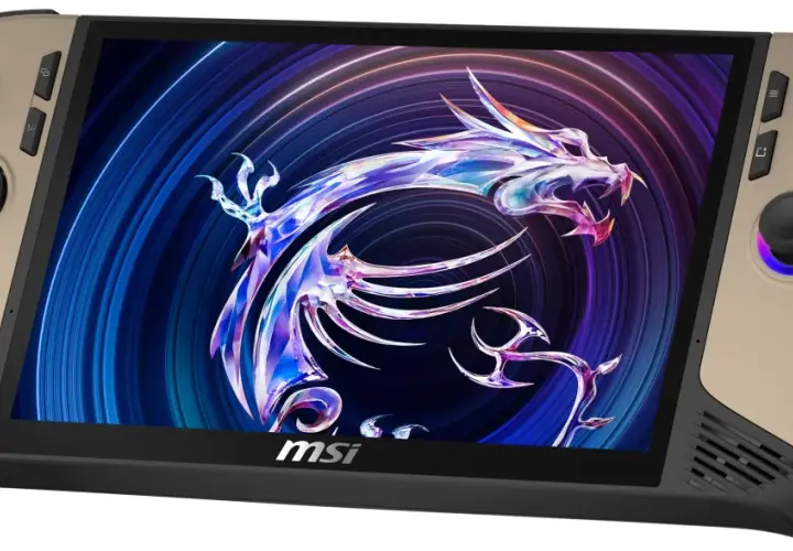 Złoty handheld MSI Claw 8 AI+ z podświetlanymi przyciskami i ekranem z motywem smoka.