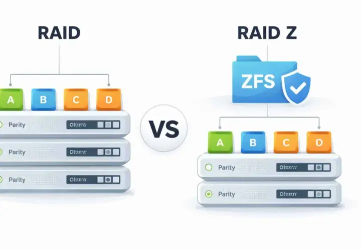 Porównanie RAID i RAID Z. Po lewej RAID z dyskami A, B, C, D i parzystością. Po prawej RAID Z z ZFS, dyskami A, B, C, D i parzystością.