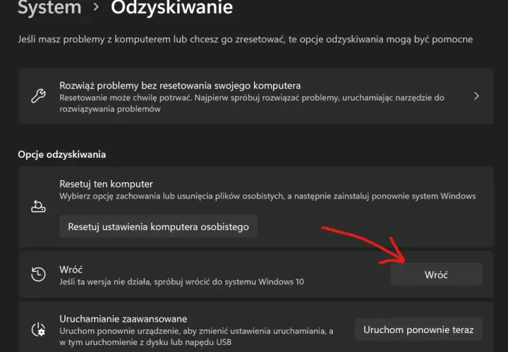 Opcje odzyskiwania systemu Windows 11: resetowanie, powrót do poprzedniej wersji lub zaawansowane uruchamianie. Pomocne, gdy chcesz wiedzieć, jak zainstalować Windows 11 od nowa.