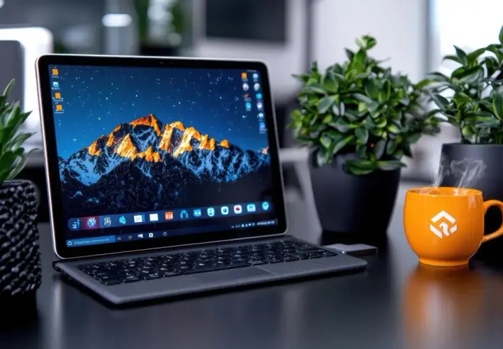 Laptop z górskim krajobrazem na ekranie, obok kubek parującej kawy i rośliny. Idealne miejsce do nagrywania ekranu skrót.
