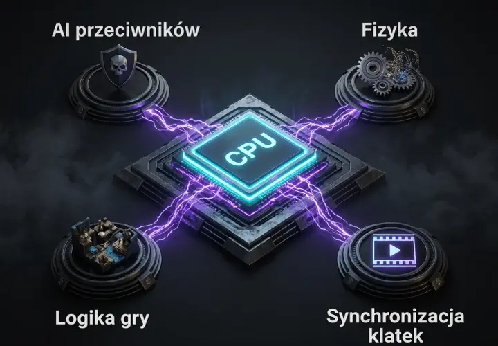 Centralny procesor (CPU) zasila cztery obszary: AI przeciwników, Fizykę, Logikę gry i Synchronizację klatek. Porównaj procesory, by zrozumieć ich moc.